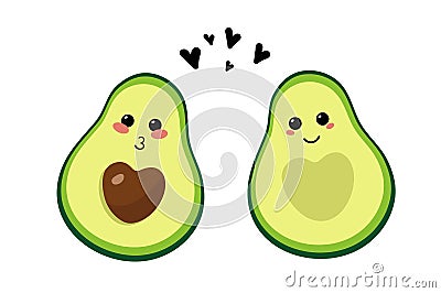 Cute couple of emojis avocado depicting a kiss, smile and hearts. Vector Illustration